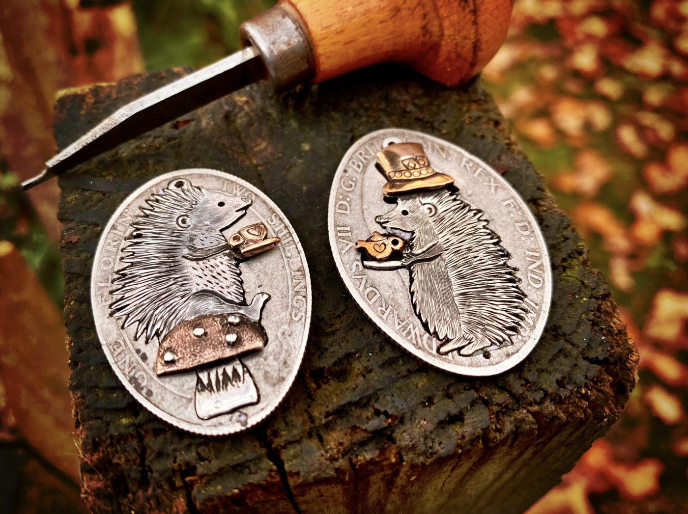 a hedgehog gathering, necklaces made from old silver coins