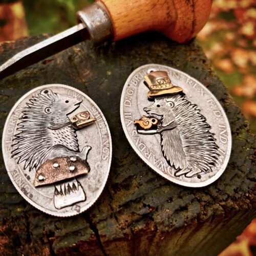 a hedgehog gathering, necklaces made from old silver coins