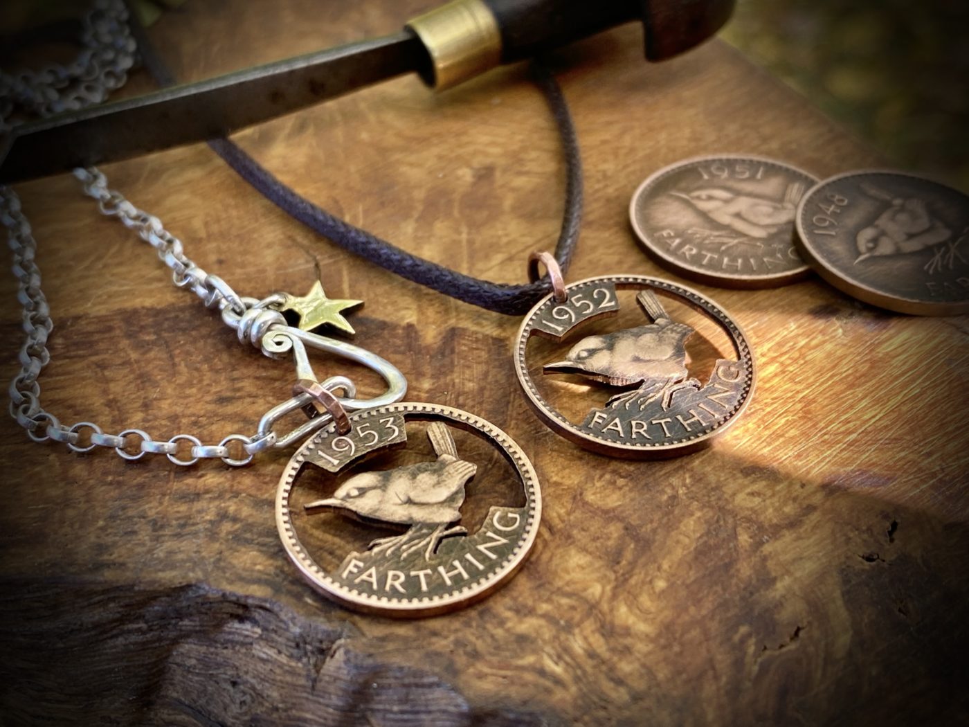 Jenny wren coin jewellery Hand cut Jenny Wren Farthing coin pendant necklace made in the Hg workshop
