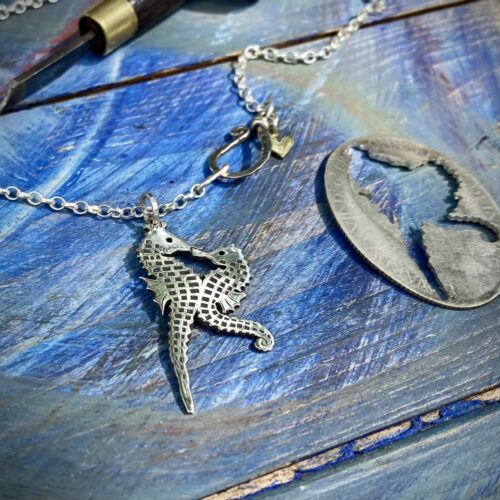 seahorse jewellery - handmade and Recycled silver Florin coin seahorses in love necklace.