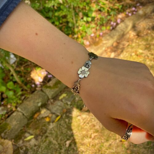 flower bracelet made from recycled sterling silver coins