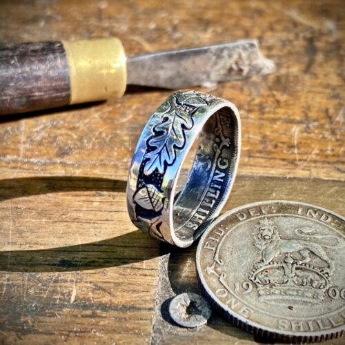 Handmade and recycled silver coin rings - hand engraved and carved with acorns and oak leaf design oxidised