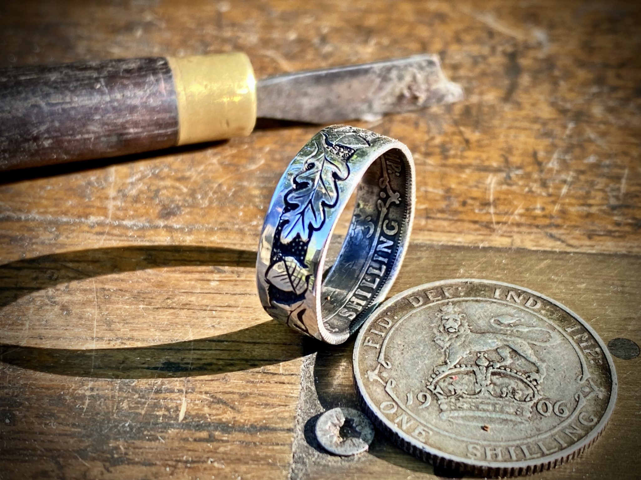 Handmade and recycled silver coin rings - hand engraved and carved with acorns and oak leaf design oxidised