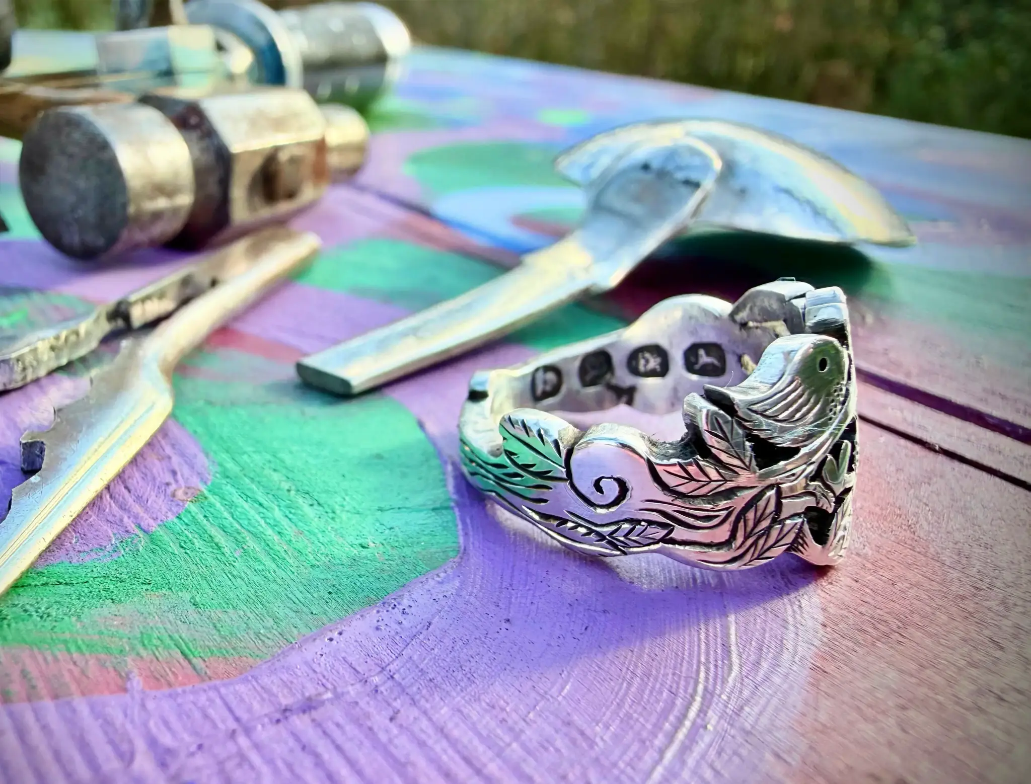 Lovebirds love birds ring made in Cambridge, England using recycled silver and traditional hand tools