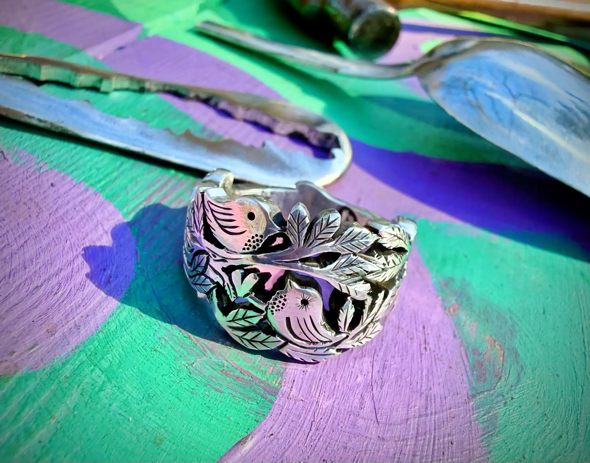 Lovebirds love birds ring made in Cambridge, England using recycled silver and traditional hand tools