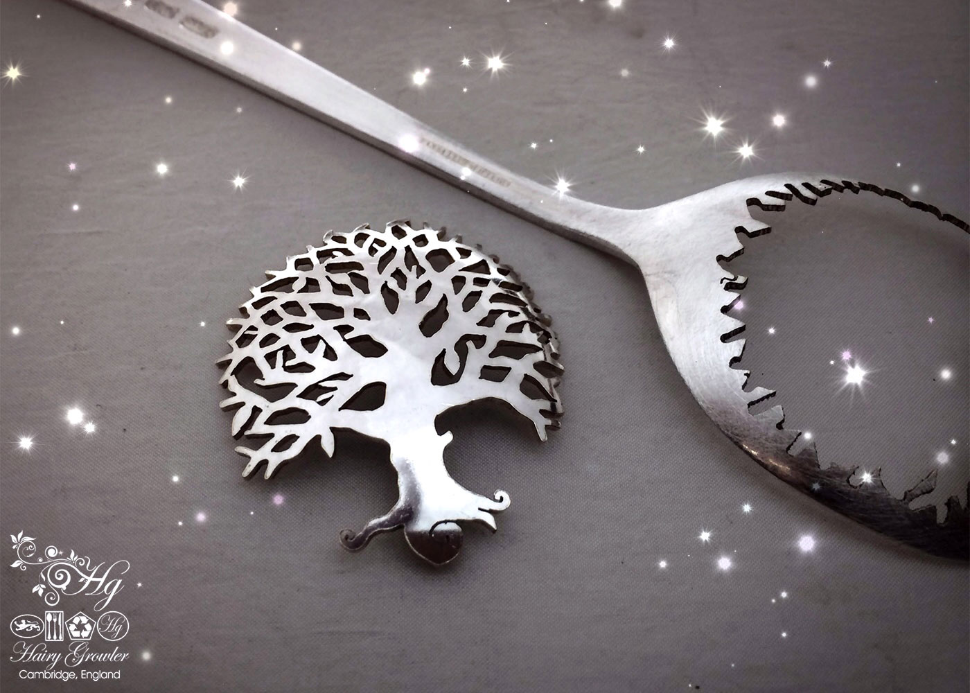 Handcrafted and recycled antique soup spoon autumn winter tree brooch