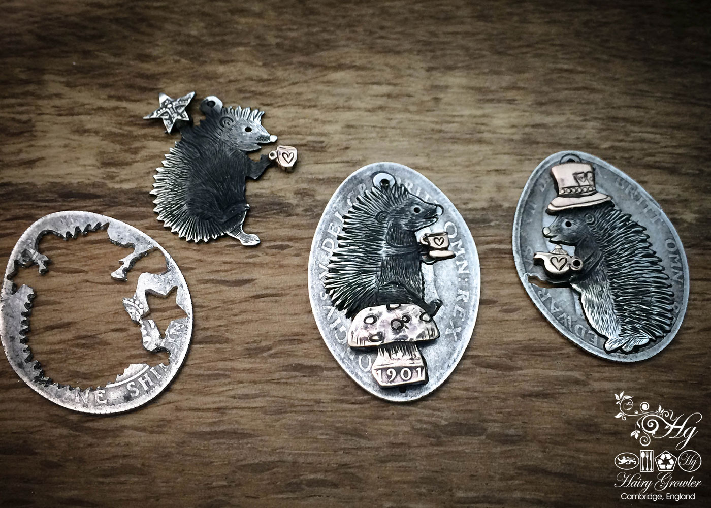 Handcrafted, recycled, sterling silver, hedgehog necklaces