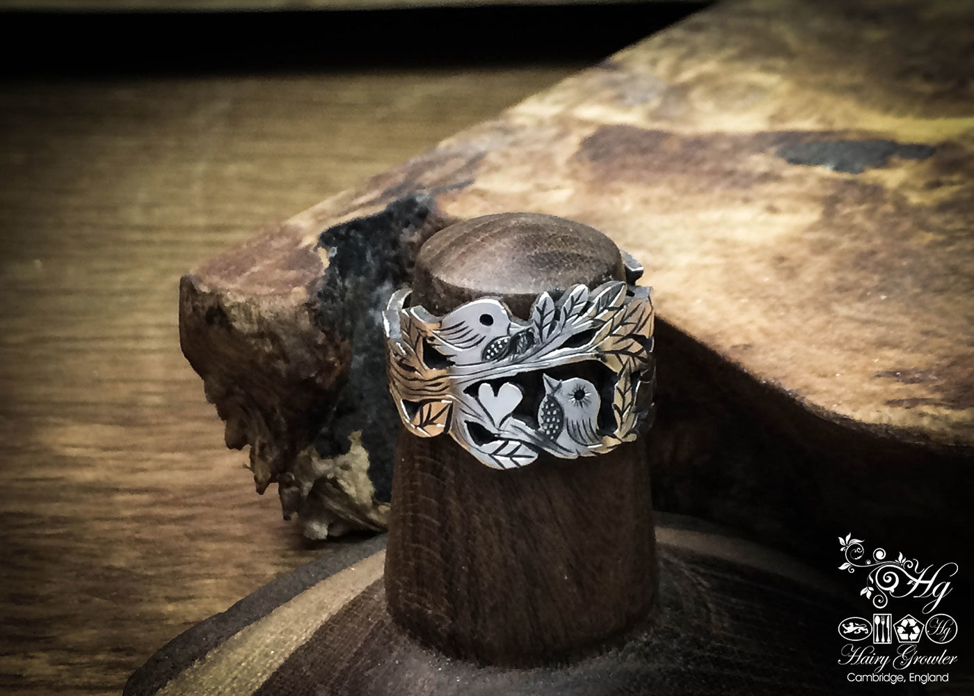 handcrafted, recycled silver bird tweet ring made from old silver spoons