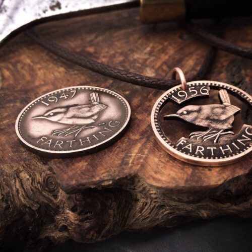 Jenny wren coin jewellery Hand cut Jenny Wren Farthing coin pendant necklace made in the Hg workshop