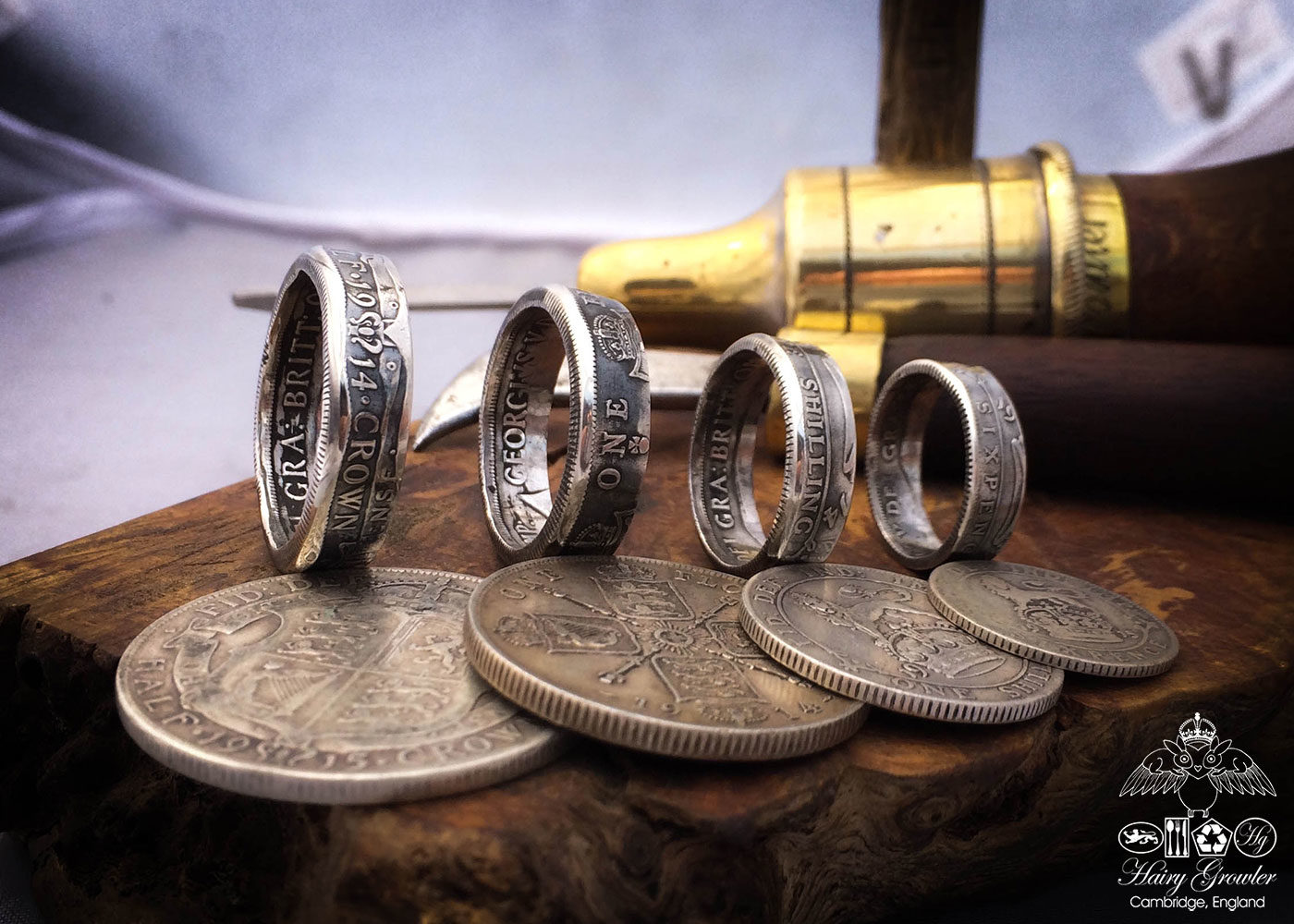 Handmade and recycled silver coin rings - oxidised