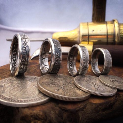 Handmade and recycled silver coin rings - oxidised