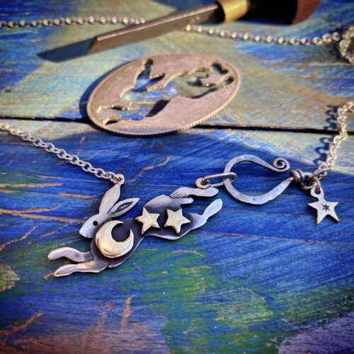 Leaping hare necklace - handmade and recycled silver Florin coin