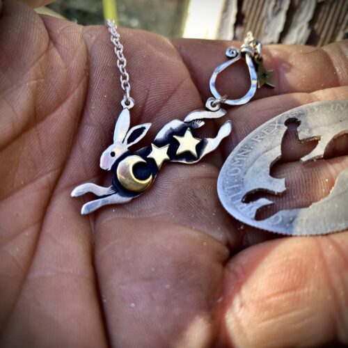 Leaping hare necklace - handmade and recycled silver Florin coin