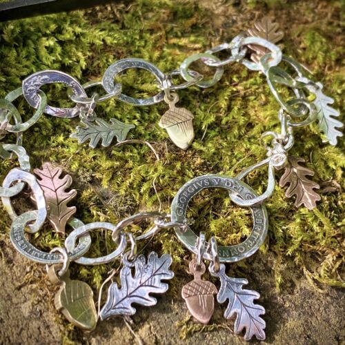 Recycled sterling silver Oak leaf and acorns bracelet made from coins