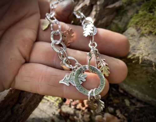 Recycled sterling silver Oak leaf and acorns bracelet made from coins