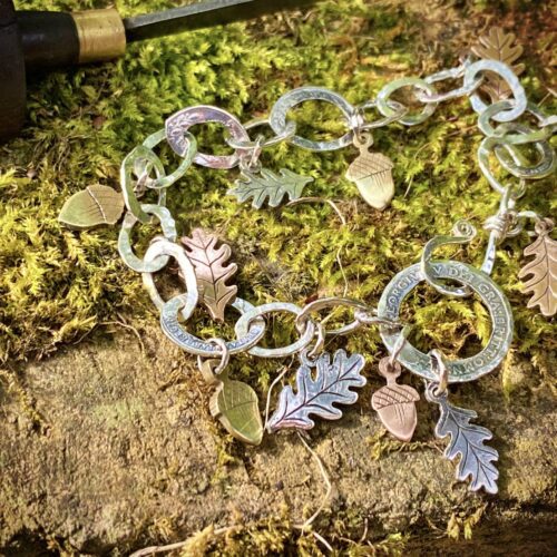 Recycled sterling silver Oak leaf and acorns bracelet made from coins