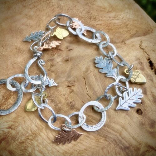 Recycled sterling silver Oak leaf and acorns bracelet made from coins