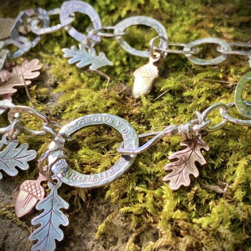 Recycled sterling silver Oak leaf and acorns bracelet made from coins