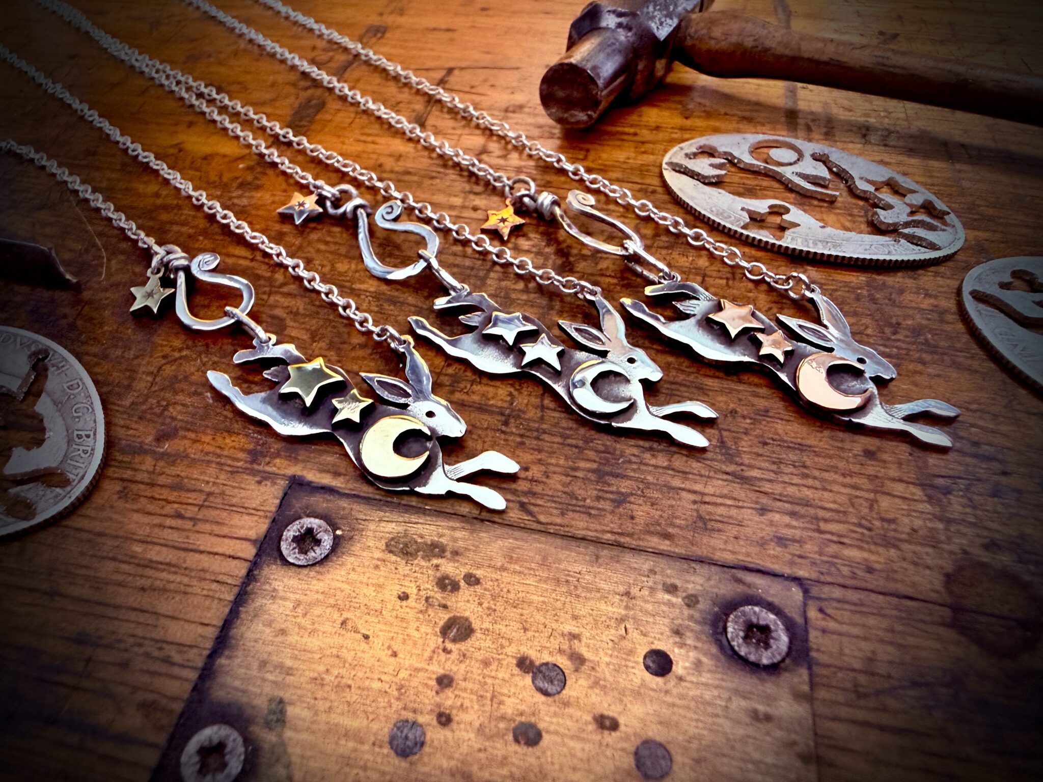 Magical leaping hare coin jewellery handmade, handcrafted using recycled silver coins and traditional hand tools and techniques. Combined with a love for nature, the natural world and our connection to it.