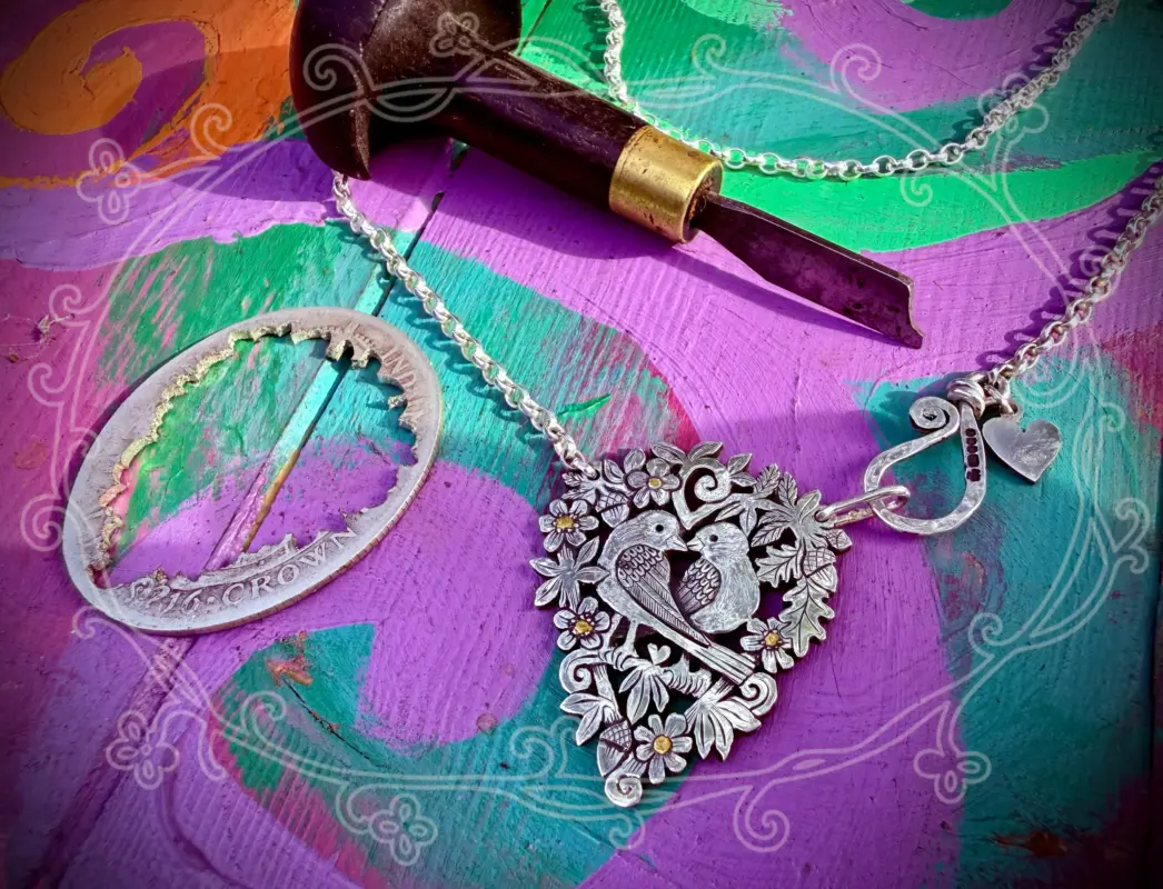 lovebird jewellery Handmade and upcycled sterling silver sweet lovebirds necklace