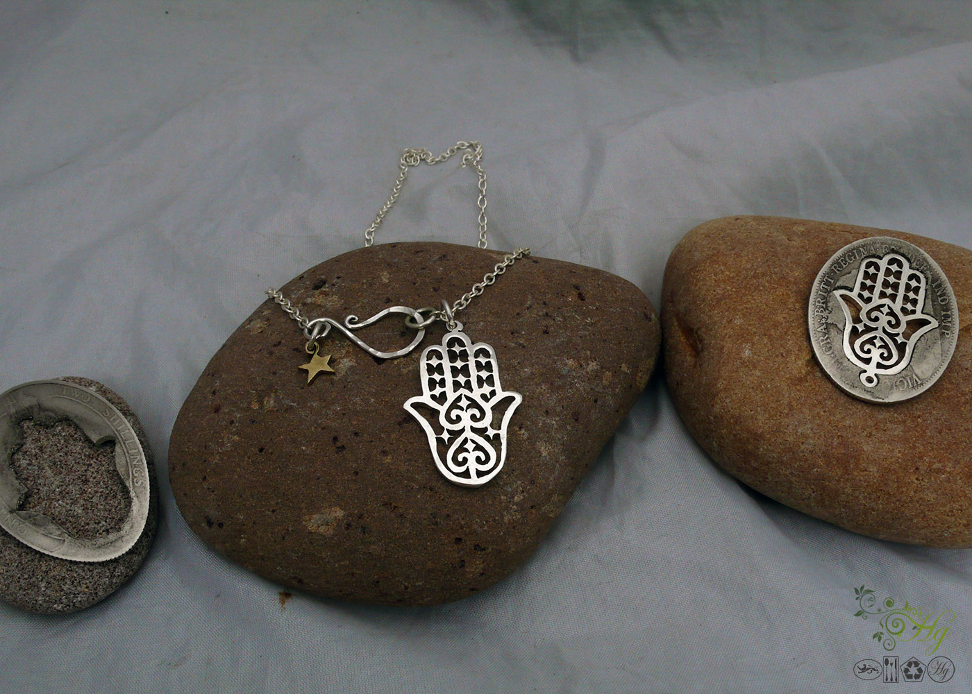 Hand of Hamsa / Fatima silver pendants - handmade and recycled using silver coins. khmissa
