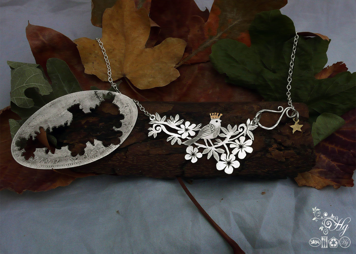 Handmade and upcycled sterling silver half crown queen of the birds necklace