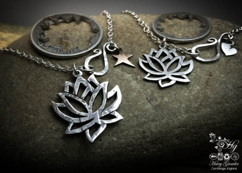 Lotus flower silver pendants - handmade and recycled using silver coins