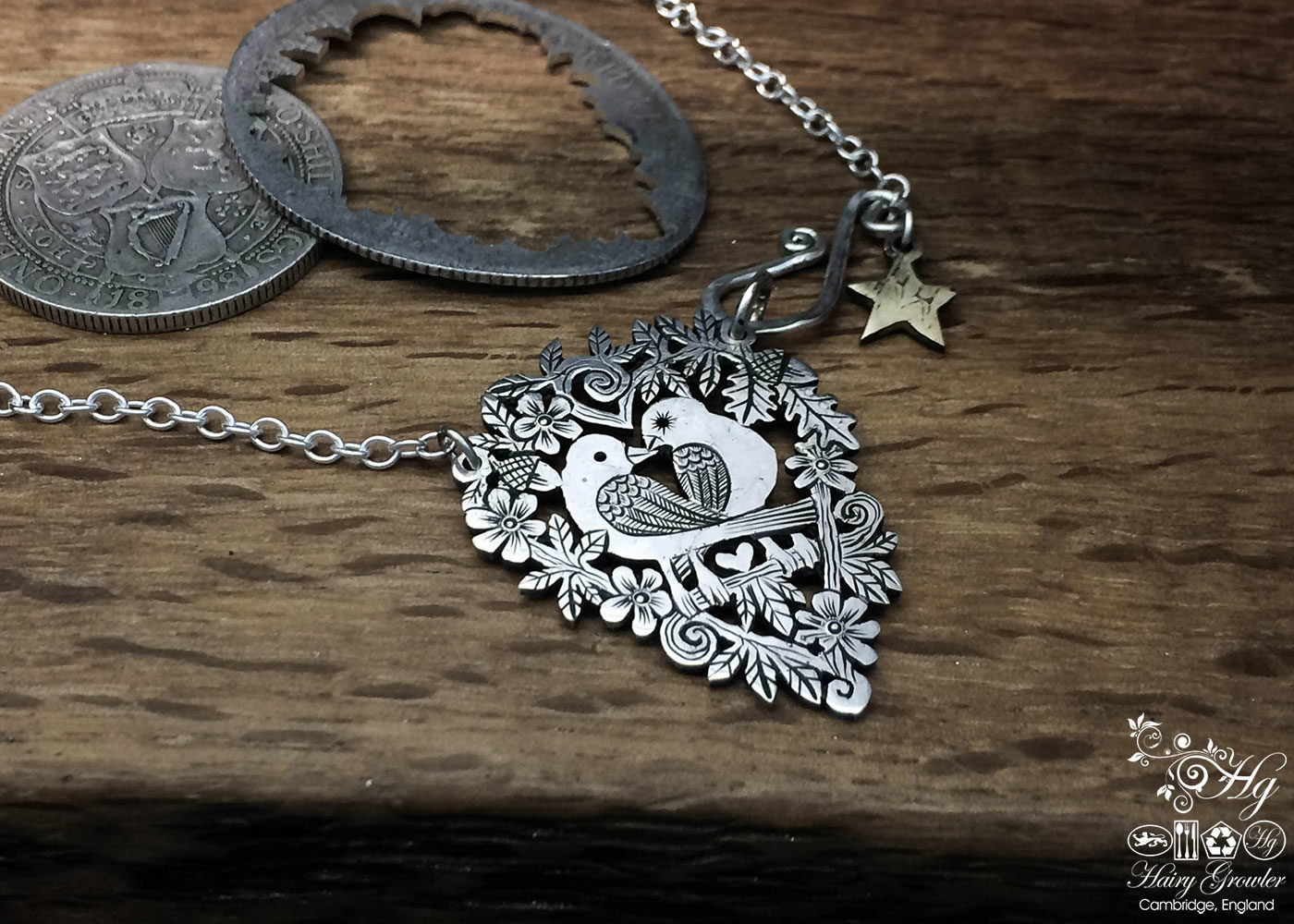 Handmade and upcycled sterling silver sweet lovebirds necklace