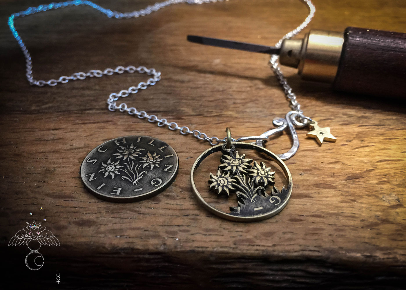Edelweiss coin jewellery - necklace pendant handmade and recycled Austrian Shilling coin.