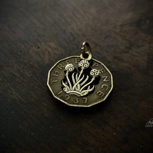 Hand carved and recycled threepence thrupney bit coin pendant necklace