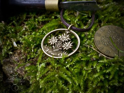 Edelweiss coin jewellery - necklace pendant handmade and recycled Austrian Shilling coin.