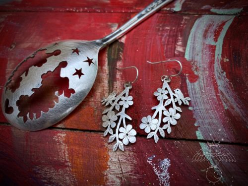 cheery blossom and birds earrings recycled from vintage spoons