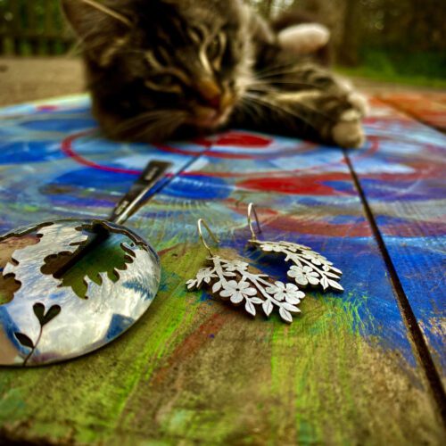 cheery blossom and birds earrings recycled from vintage spoons