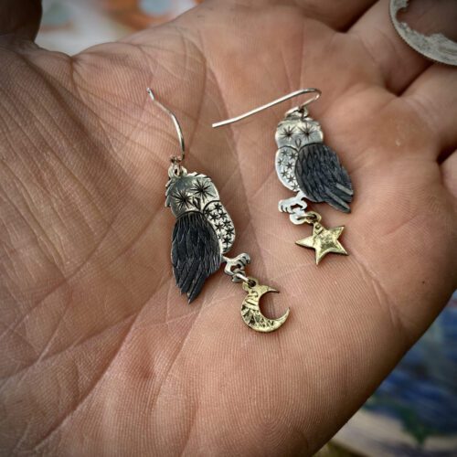 handmade, ethical, climate conscious jewellery owl earrings