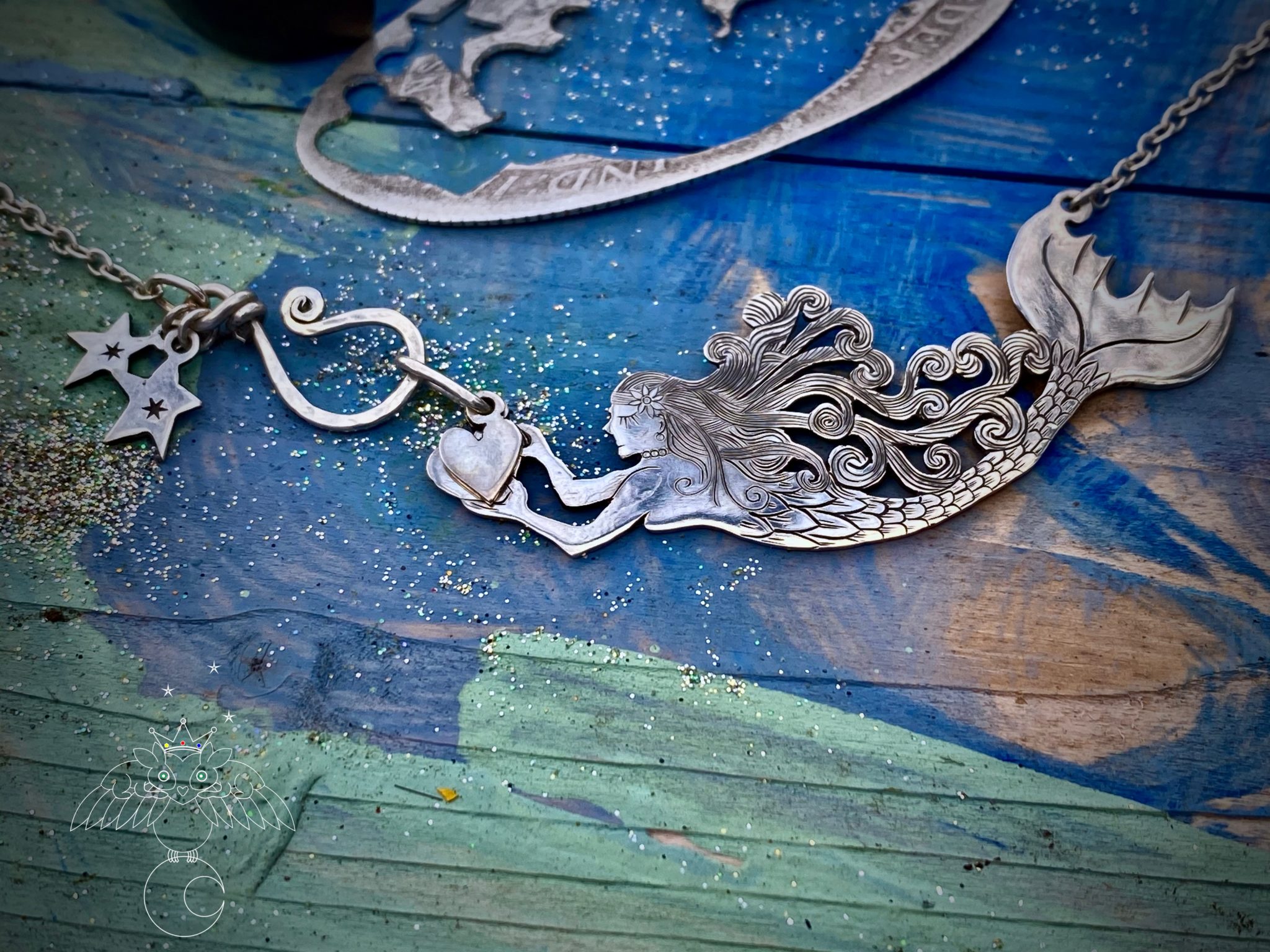 mermaid necklace handcrafted and recycled from silver coin
