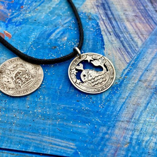 Handcrafted and recycled silver sixpence Moby Dick whale coin necklace pendant