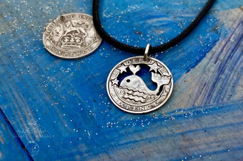 Handcrafted and recycled silver sixpence Moby Dick whale coin necklace pendant