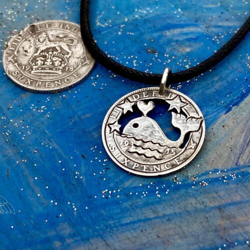 Handcrafted and recycled silver sixpence Moby Dick whale coin necklace pendant