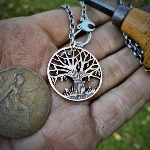 Handmade and upcycled coin pendant necklace autumn tree