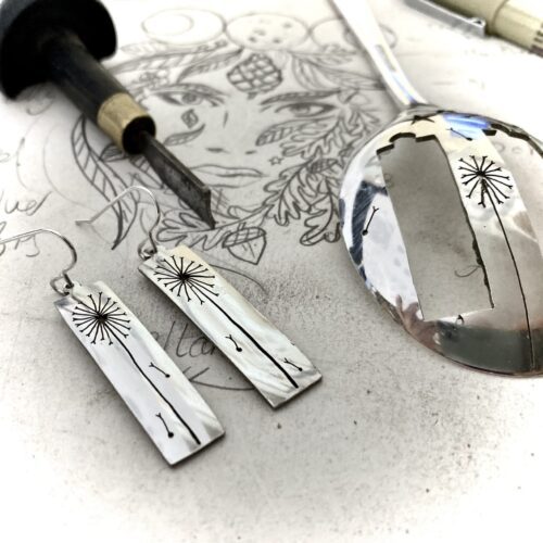 handcrafted and recycled spoon dandelion clock earrings