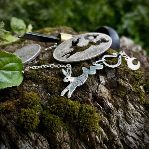 leaping hare silver necklace hand engraved