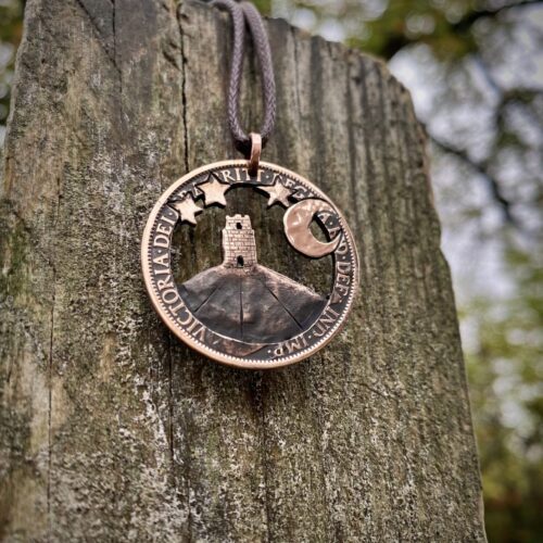 Handmade and repurposed Glastonbury Tor coin pendant necklace