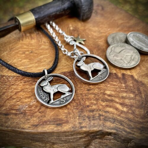Irish hare coin jewellery. Hand-cut and carved Irish hare threepence coin pendant