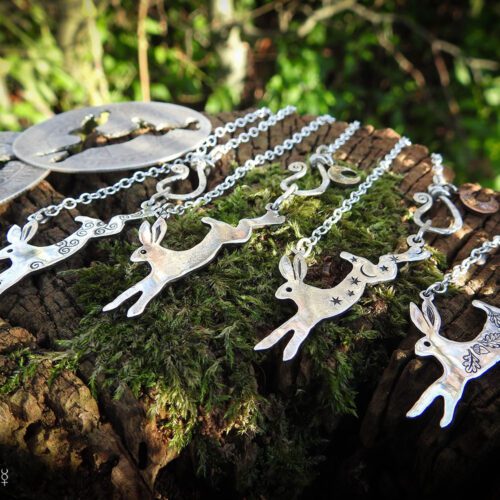 leaping hare magical silver coin necklace made in Cambridge by Hairy Growler