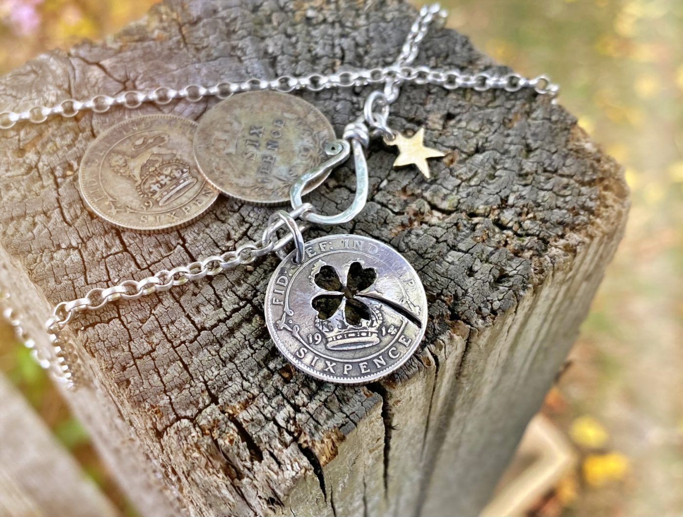Handmade and repurposed lucky silver sixpence coin necklace pendant