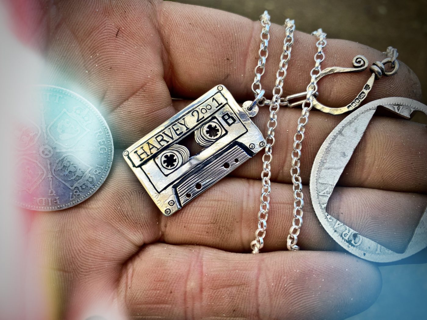 mix-tape necklace - handmade and recycled using silver florins mixtape jewellery