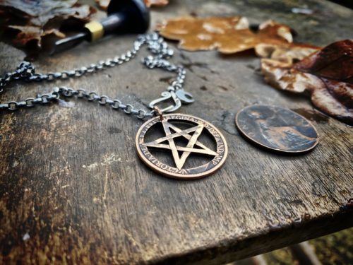 pentagram, pentacle pendant necklace made from recycled coin