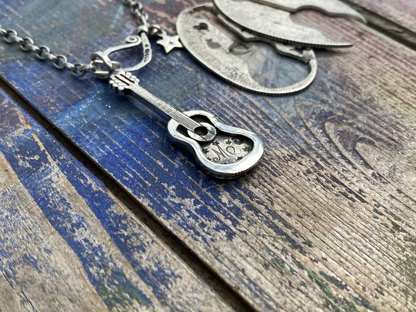 acoustic guitar necklace - handmade and recycled using silver coins