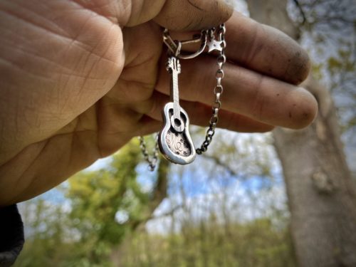 acoustic guitar necklace - handcrafted, custom made and recycled using silver coins