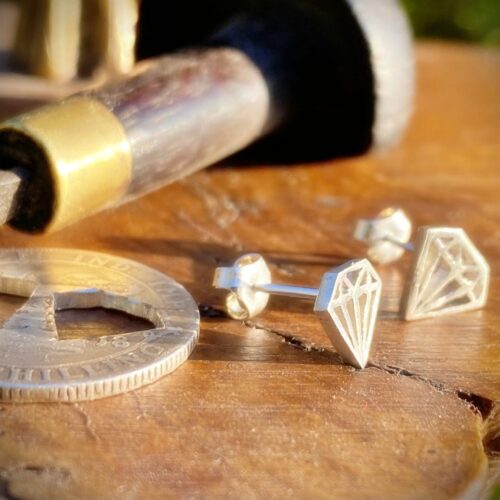 handcrafted and recycled silver shilling coin 'fake-diamond' conflict-free-diamond earrings